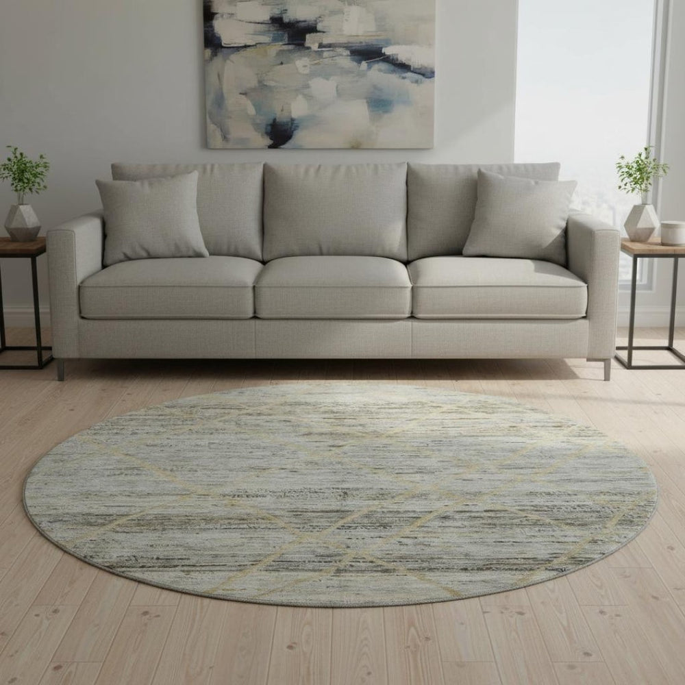 HomeRoots 8' Stylish Pewter Beige and Gold Abstract Round Rug – Washable, UV-Protected, Family-Friendly Design 696329
