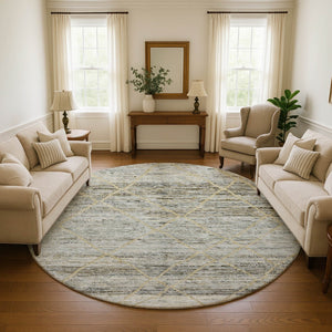 HomeRoots 8' Stylish Pewter Beige and Gold Abstract Round Rug – Washable, UV-Protected, Family-Friendly Design 696329