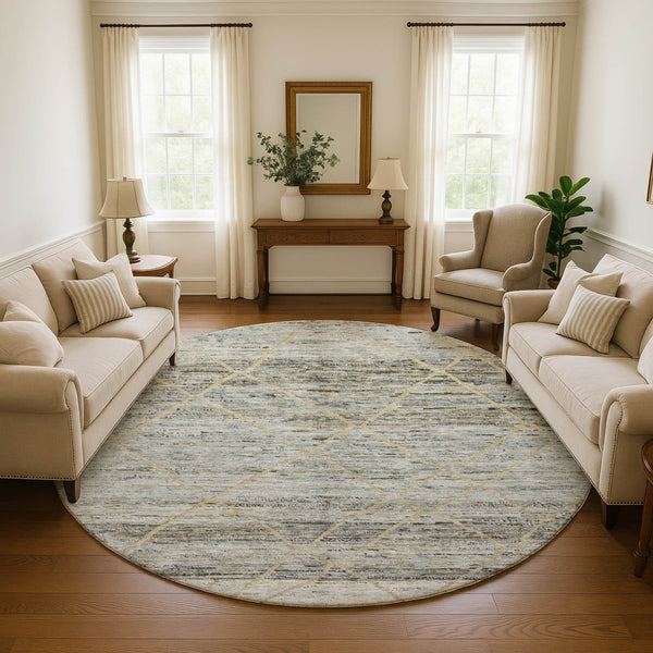 HomeRoots 8' Stylish Pewter Beige and Gold Abstract Round Rug – Washable, UV-Protected, Family-Friendly Design 696329