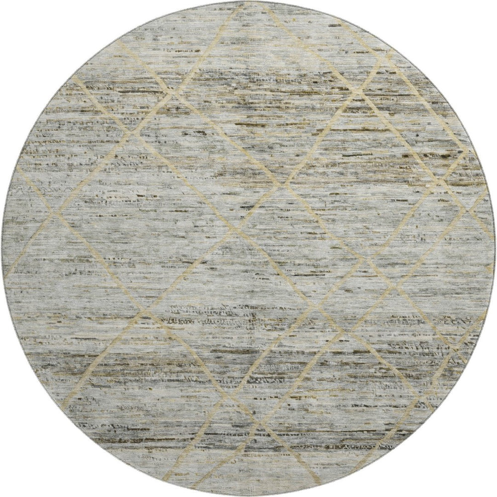 HomeRoots 8' Stylish Pewter Beige and Gold Abstract Round Rug – Washable, UV-Protected, Family-Friendly Design 696329