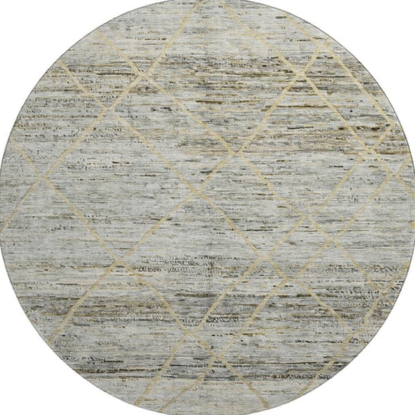 HomeRoots 8' Stylish Pewter Beige and Gold Abstract Round Rug – Washable, UV-Protected, Family-Friendly Design 696329