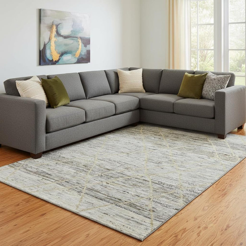 HomeRoots 8' X 10' Stylish Pewter Beige & Gold Abstract Geometric Area Rug - Washable, Stain Resistant, UV Safe! 696330