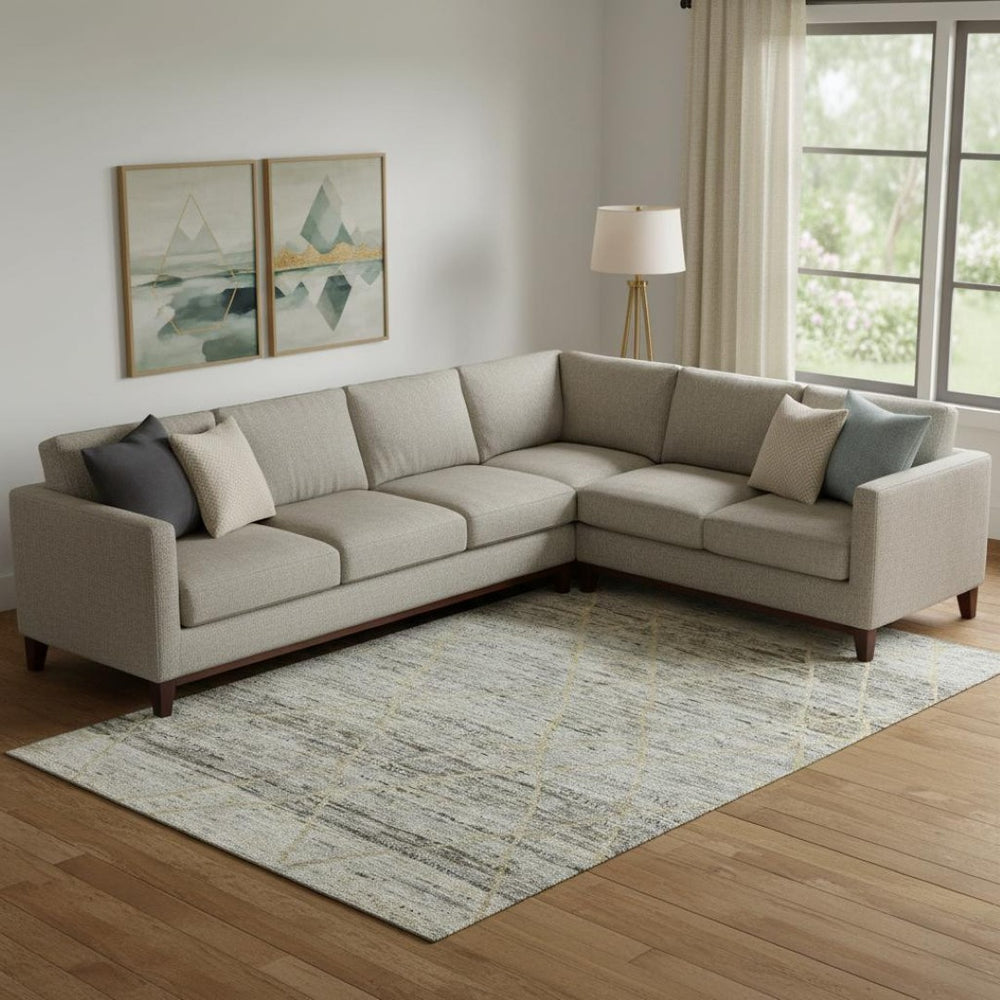 HomeRoots 9' X 12' Abstract Geometric Area Rug in Pewter Beige & Gold – Washable, Stain-Resistant, UV Protected 696331