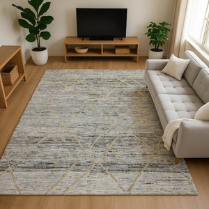 HomeRoots 10' X 14' Elegant Pewter Beige & Gold Abstract Geometric Washable Area Rug with UV Protection 696332