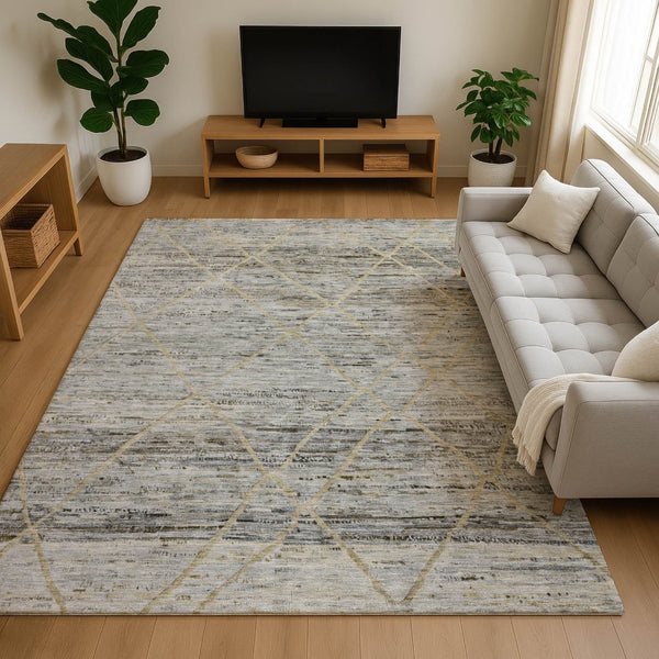 HomeRoots 10' X 14' Elegant Pewter Beige & Gold Abstract Geometric Washable Area Rug with UV Protection 696332