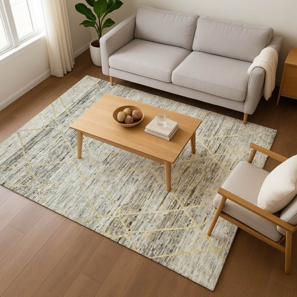 HomeRoots 10' X 14' Elegant Pewter Beige & Gold Abstract Geometric Washable Area Rug with UV Protection 696332