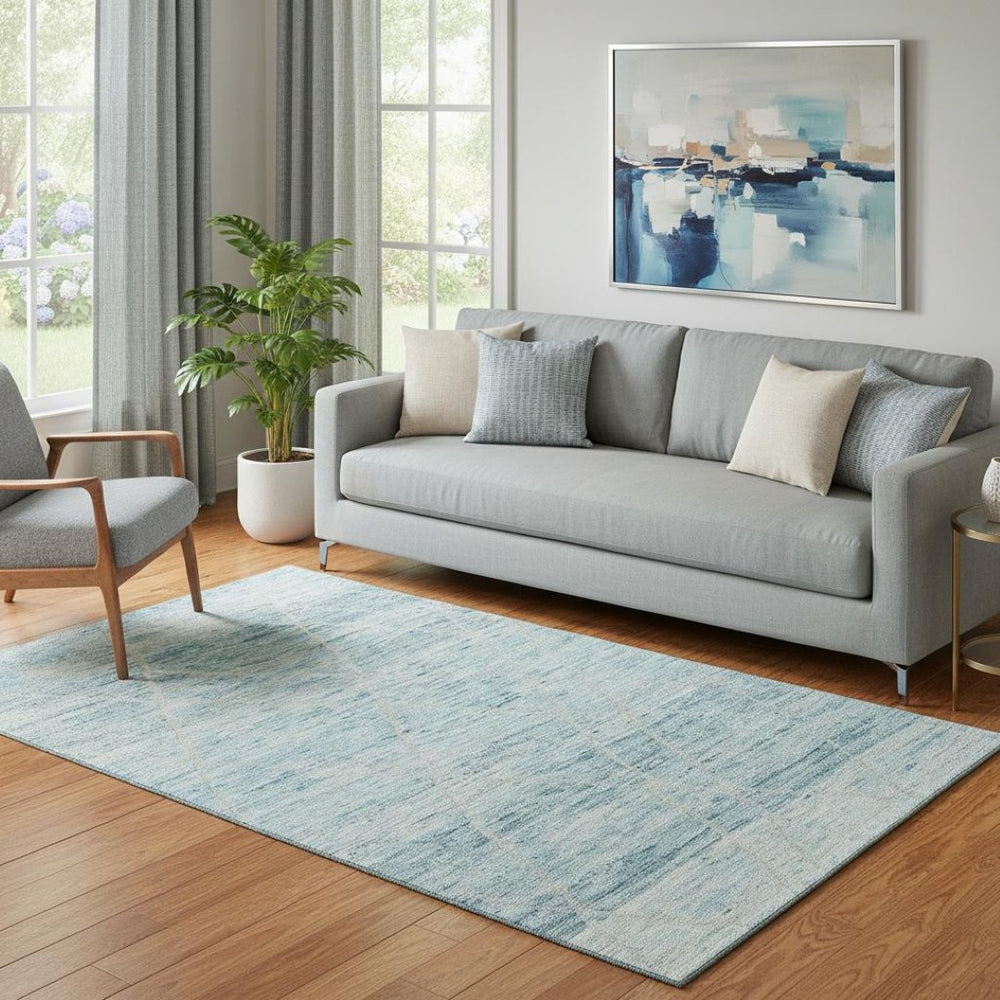 HomeRoots 5' X 8' Teal Beige Ivory Abstract Geometric Rug - Washable, UV Protected, Non-Slip & Durable Design 696334