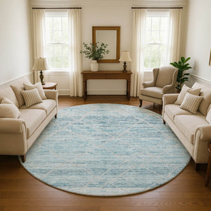 HomeRoots 8' Teal Beige and Ivory Abstract Geometric Round Rug - Washable, UV Protected & Non-Slip Design 696335