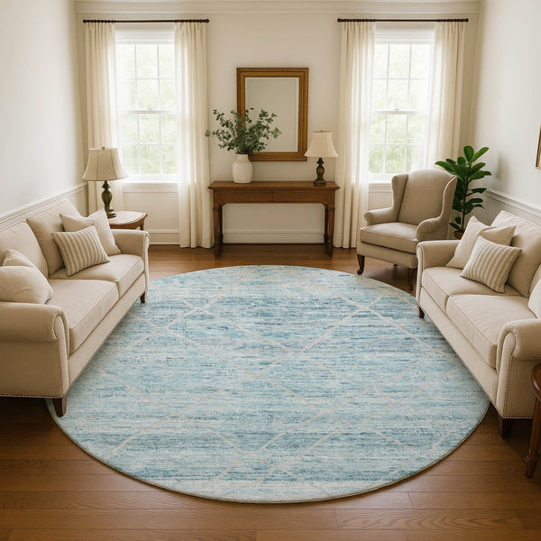 HomeRoots 8' Teal Beige and Ivory Abstract Geometric Round Rug - Washable, UV Protected & Non-Slip Design 696335