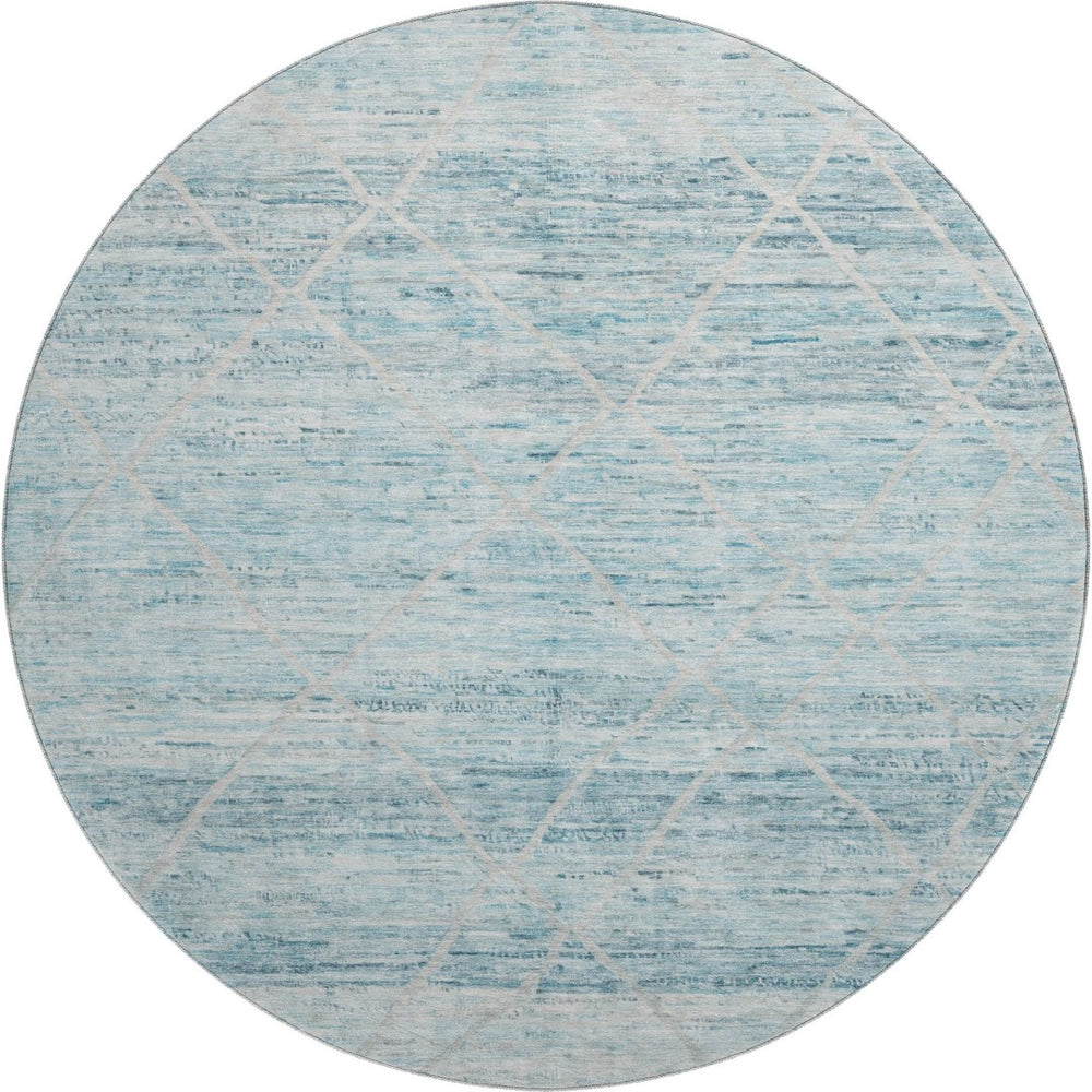 HomeRoots 8' Teal Beige and Ivory Abstract Geometric Round Rug - Washable, UV Protected & Non-Slip Design 696335
