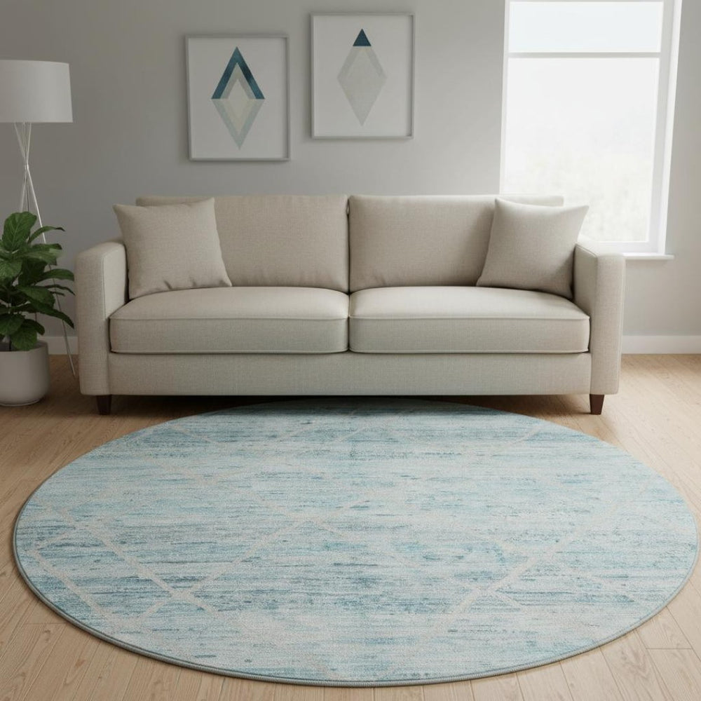 HomeRoots 8' Teal Beige and Ivory Abstract Geometric Round Rug - Washable, UV Protected & Non-Slip Design 696335
