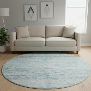HomeRoots 8' Teal Beige and Ivory Abstract Geometric Round Rug - Washable, UV Protected & Non-Slip Design 696335