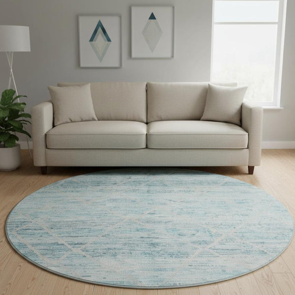 HomeRoots 8' Teal Beige and Ivory Abstract Geometric Round Rug - Washable, UV Protected & Non-Slip Design 696335