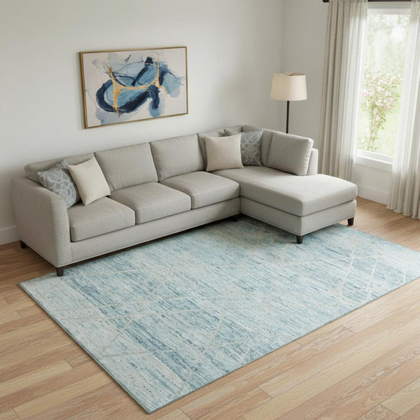 HomeRoots 9' X 12' Teal Beige Ivory Abstract Geometric Area Rug - Stylish, Washable, UV-Protected, Durable Design 696337