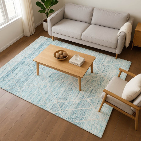 HomeRoots 10' Teal Beige Ivory Abstract Geometric Washable Area Rug – Durable, UV Protected & Stain Resistant! 696338