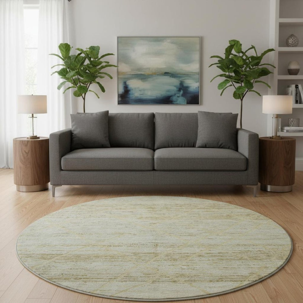 HomeRoots 8' Wheat Beige and Gold Abstract Round Rug - Washable, Stain-Resistant, UV Protected for Durability 696341