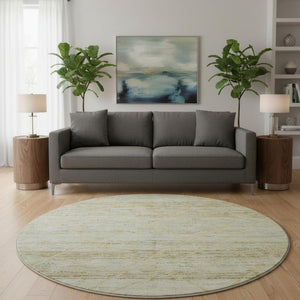 HomeRoots 8' Wheat Beige and Gold Abstract Round Rug - Washable, Stain-Resistant, UV Protected for Durability 696341