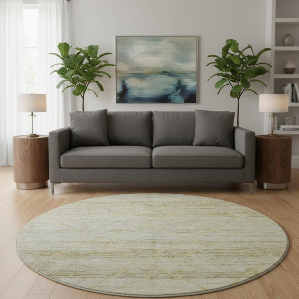 HomeRoots 8' Wheat Beige and Gold Abstract Round Rug - Washable, Stain-Resistant, UV Protected for Durability 696341