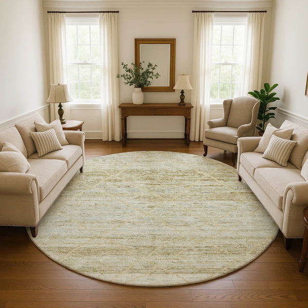 HomeRoots 8' Wheat Beige and Gold Abstract Round Rug - Washable, Stain-Resistant, UV Protected for Durability 696341