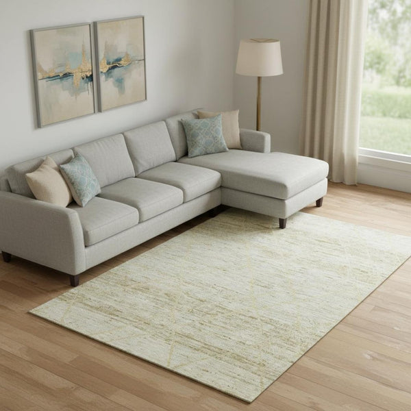 HomeRoots 9' X 12' Stylish Wheat Beige and Gold Abstract Geometric Area Rug - Washable, UV Protected, Durable Design 696343