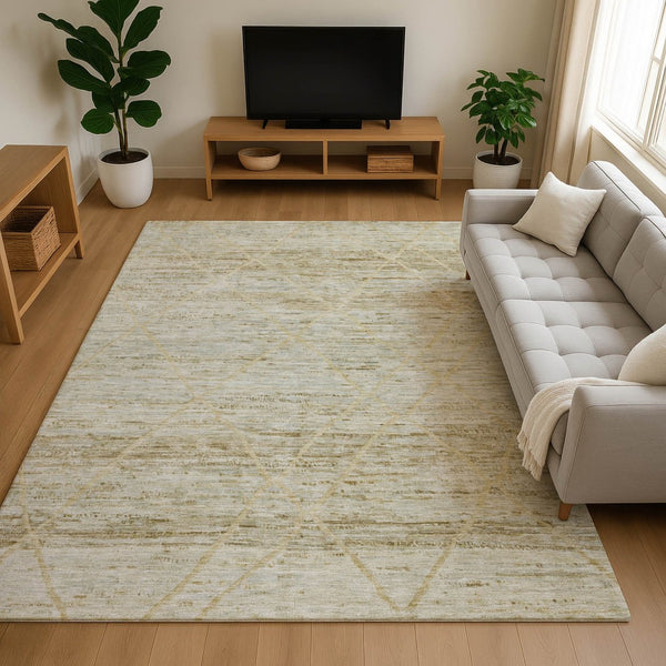 HomeRoots 9' X 12' Stylish Wheat Beige and Gold Abstract Geometric Area Rug - Washable, UV Protected, Durable Design 696343