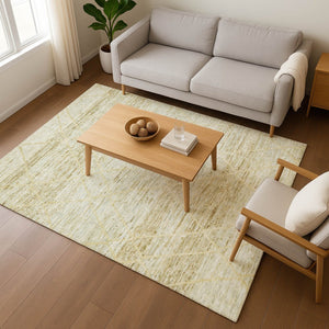 HomeRoots 9' X 12' Stylish Wheat Beige and Gold Abstract Geometric Area Rug - Washable, UV Protected, Durable Design 696343