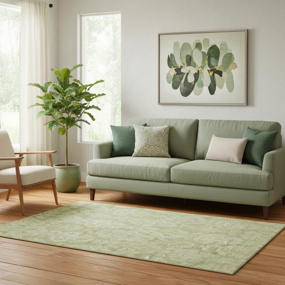 HomeRoots 5' Artichoke Green Beige Ivory Damask Washable Area Rug with UV Protection for Stylish Living Spaces 696346