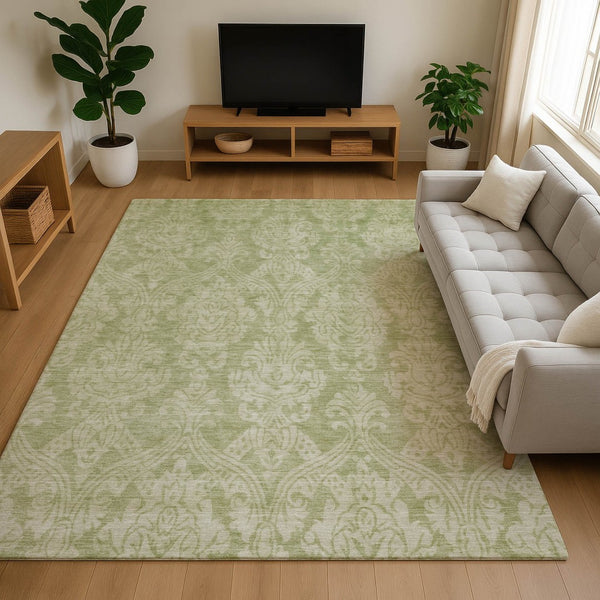 HomeRoots 5' Artichoke Green Beige Ivory Damask Washable Area Rug with UV Protection for Stylish Living Spaces 696346