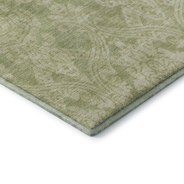 HomeRoots 5' Artichoke Green Beige Ivory Damask Washable Area Rug with UV Protection for Stylish Living Spaces 696346