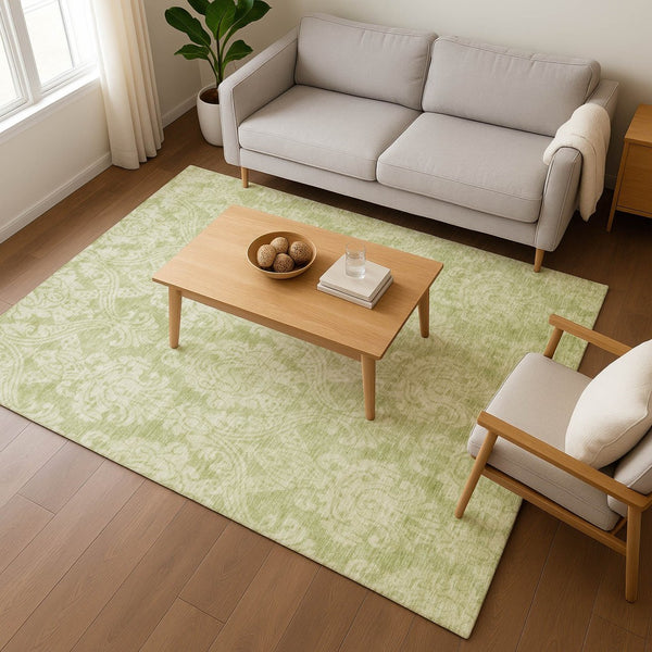 HomeRoots 5' Artichoke Green Beige Ivory Damask Washable Area Rug with UV Protection for Stylish Living Spaces 696346