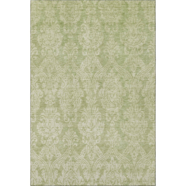 HomeRoots 5' Artichoke Green Beige Ivory Damask Washable Area Rug with UV Protection for Stylish Living Spaces 696346