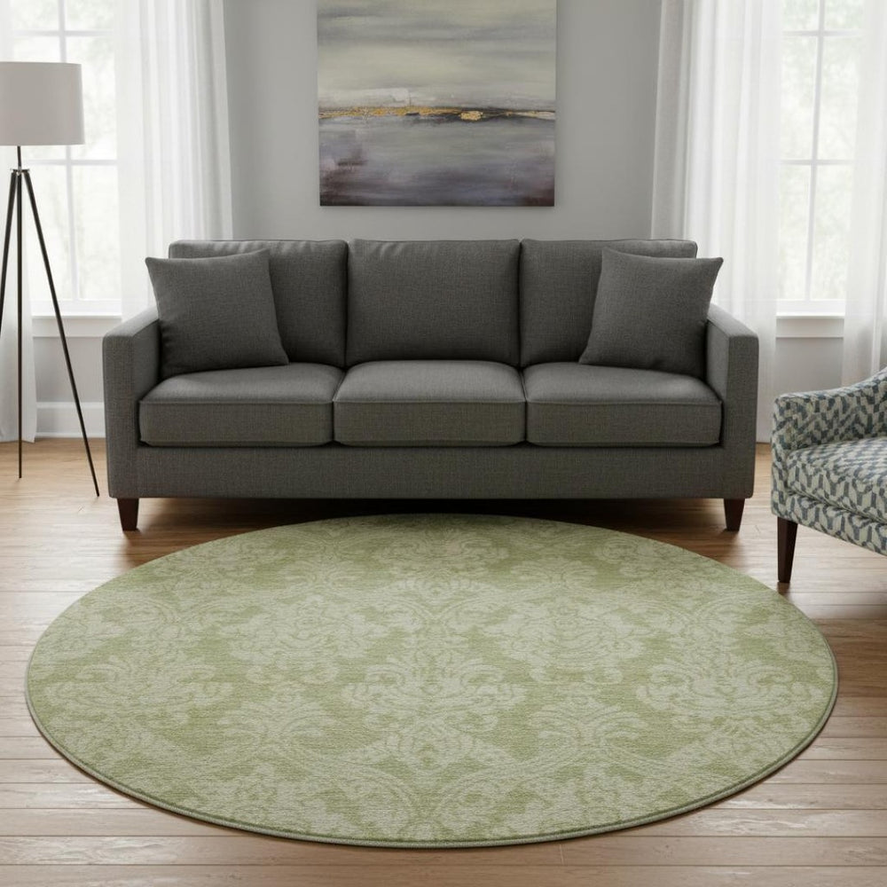 HomeRoots 8' Elegant Artichoke Green Beige Ivory Damask Washable Round Rug with UV Protection & Stain Resistance 696347