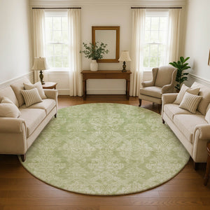 HomeRoots 8' Elegant Artichoke Green Beige Ivory Damask Washable Round Rug with UV Protection & Stain Resistance 696347