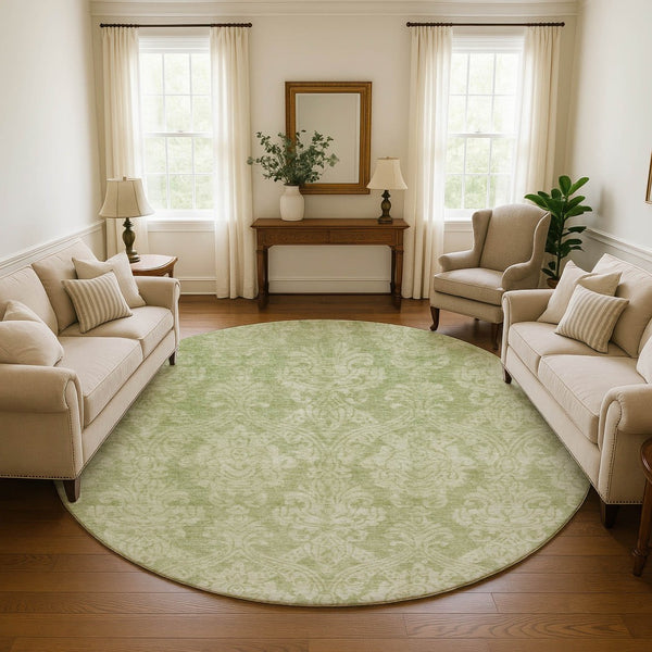 HomeRoots 8' Elegant Artichoke Green Beige Ivory Damask Washable Round Rug with UV Protection & Stain Resistance 696347