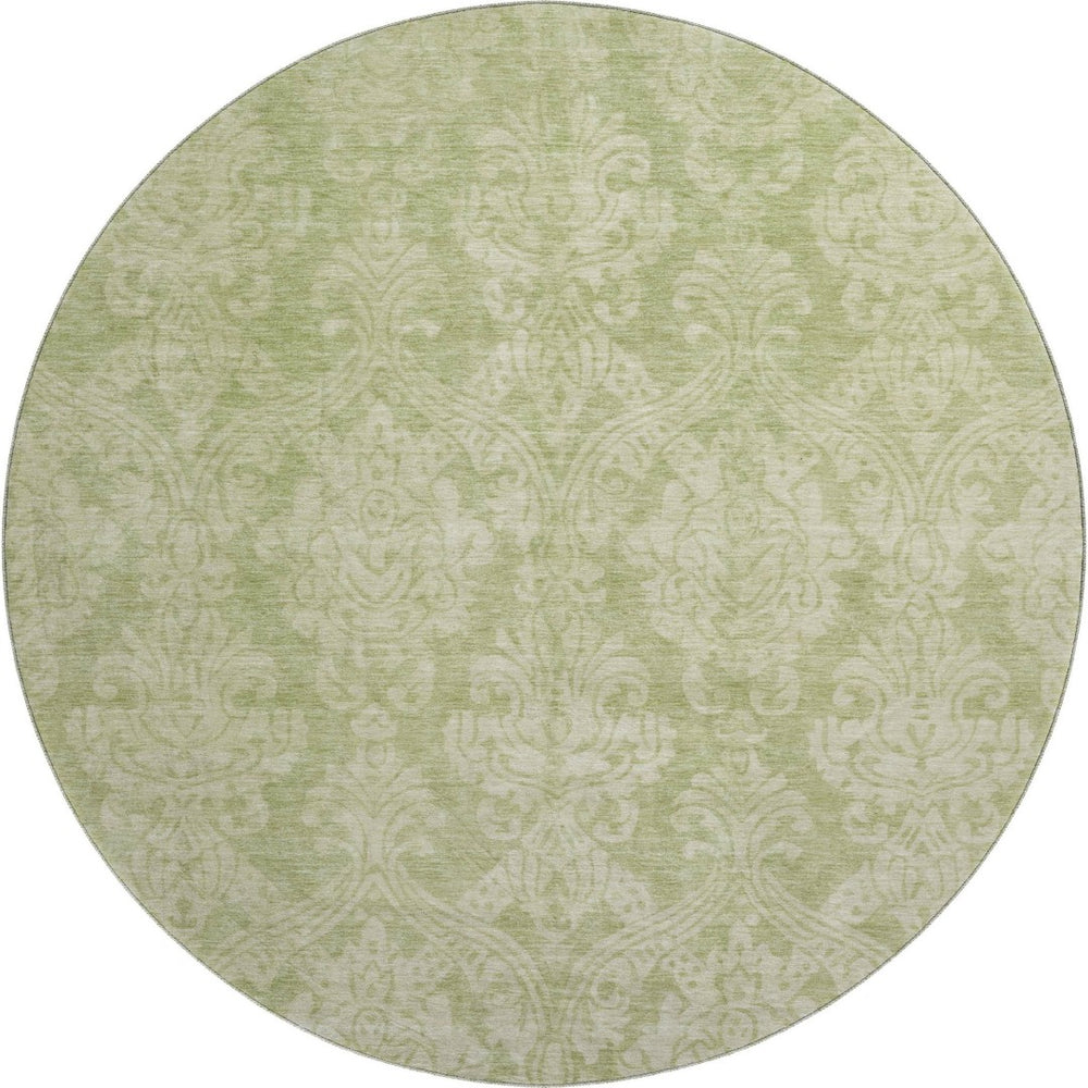 HomeRoots 8' Elegant Artichoke Green Beige Ivory Damask Washable Round Rug with UV Protection & Stain Resistance 696347