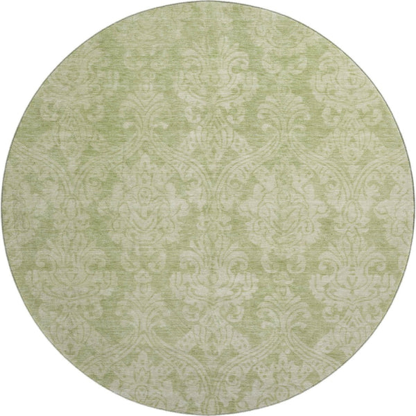 HomeRoots 8' Elegant Artichoke Green Beige Ivory Damask Washable Round Rug with UV Protection & Stain Resistance 696347