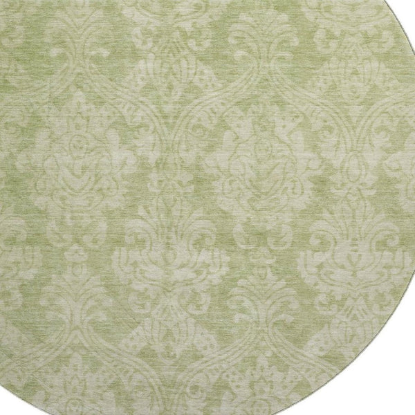 HomeRoots 8' Elegant Artichoke Green Beige Ivory Damask Washable Round Rug with UV Protection & Stain Resistance 696347