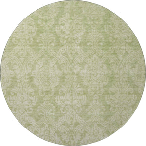 HomeRoots 8' Elegant Artichoke Green Beige Ivory Damask Washable Round Rug with UV Protection & Stain Resistance 696347