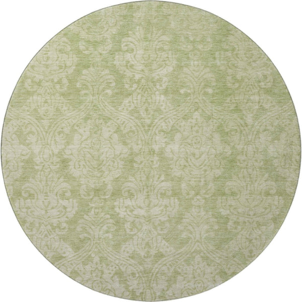 HomeRoots 8' Elegant Artichoke Green Beige Ivory Damask Washable Round Rug with UV Protection & Stain Resistance 696347