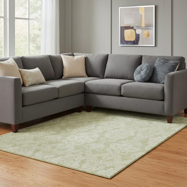 HomeRoots 8' X 10' Elegant Artichoke Green Damask Area Rug - Washable, UV Protected, Stain Resistant & Durable 696348