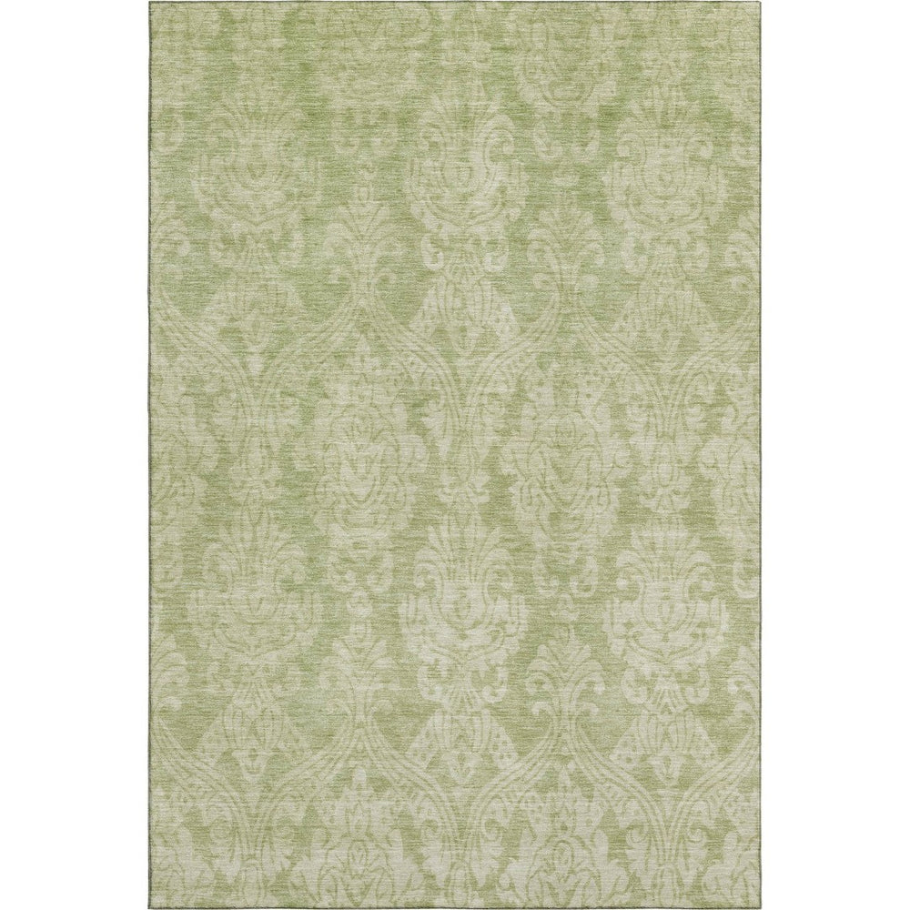HomeRoots 8' X 10' Elegant Artichoke Green Damask Area Rug - Washable, UV Protected, Stain Resistant & Durable 696348
