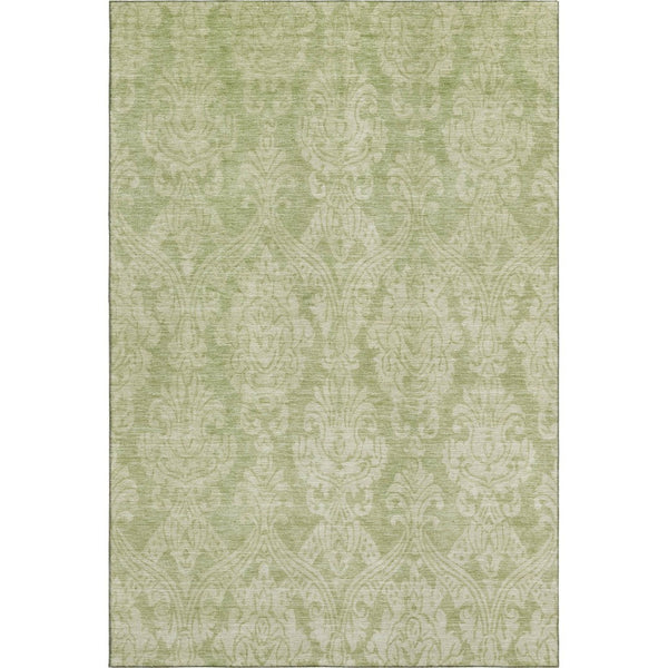 HomeRoots 8' X 10' Elegant Artichoke Green Damask Area Rug - Washable, UV Protected, Stain Resistant & Durable 696348