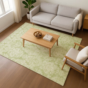 HomeRoots 9' X 12' Artichoke Green Damask Area Rug - Washable, UV Protected, Stylish for High-Traffic Homes 696349