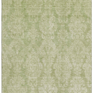 HomeRoots 9' X 12' Artichoke Green Damask Area Rug - Washable, UV Protected, Stylish for High-Traffic Homes 696349