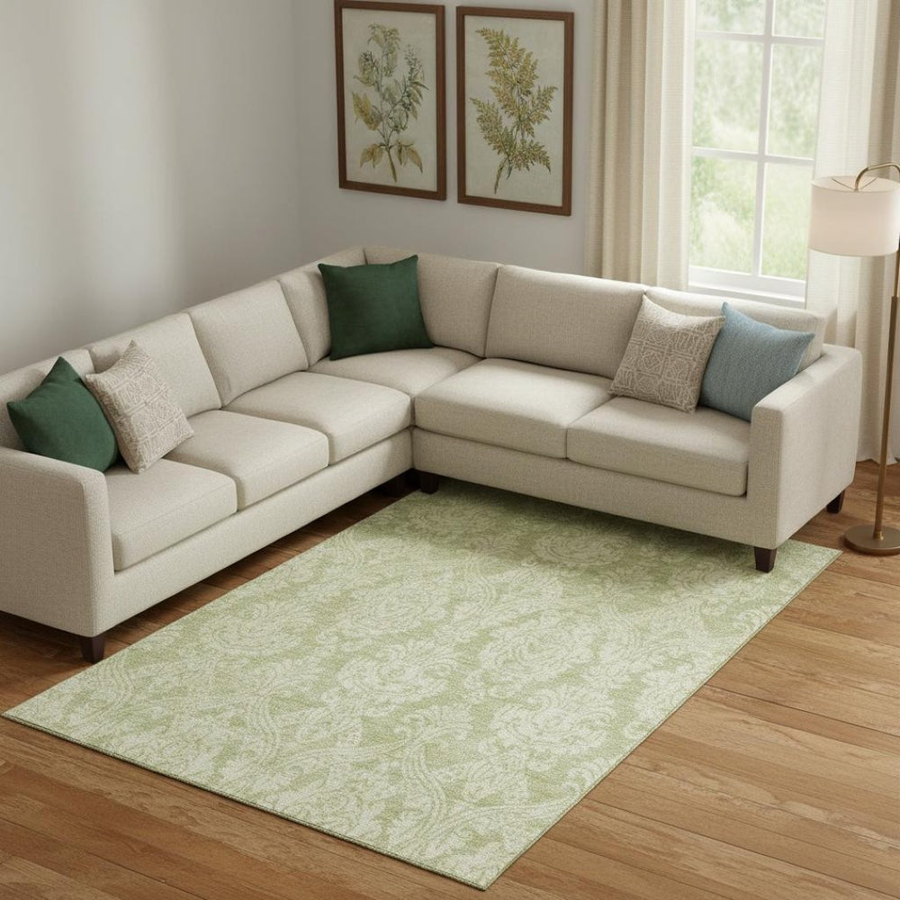 HomeRoots 10' Elegant Artichoke Green Damask Washable Area Rug - UV Protected, Pet-Friendly, Easy Care Design 696350