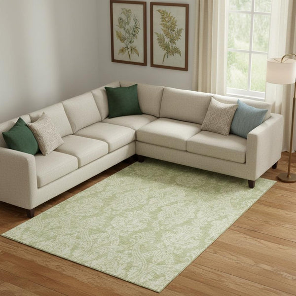 HomeRoots 10' Elegant Artichoke Green Damask Washable Area Rug - UV Protected, Pet-Friendly, Easy Care Design 696350