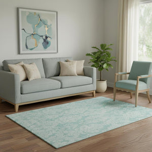 HomeRoots 5' Aqua Teal & Ivory Damask Area Rug - Washable, UV-Protected, Stain-Resistant for Busy Homes 696352