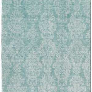 HomeRoots 5' Aqua Teal & Ivory Damask Area Rug - Washable, UV-Protected, Stain-Resistant for Busy Homes 696352