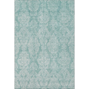 HomeRoots 5' Aqua Teal & Ivory Damask Area Rug - Washable, UV-Protected, Stain-Resistant for Busy Homes 696352