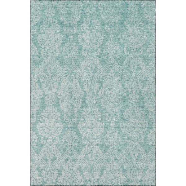 HomeRoots 5' Aqua Teal & Ivory Damask Area Rug - Washable, UV-Protected, Stain-Resistant for Busy Homes 696352